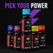 Five Murdered Out Shook Energy Shot bottles stacked in a pyramid, each flavour facing forward, with a purple MSS lightning bolt favicon backdrop and bold Oswald font tagline “Pick Your Power” in purple and white MSS brand colours.